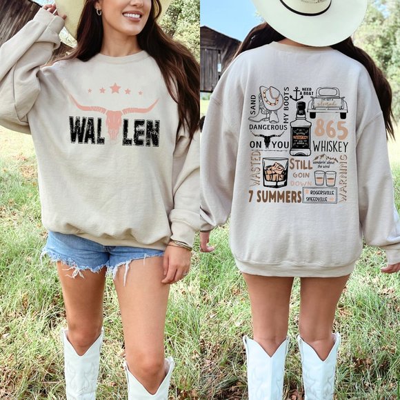 Women's Wallen Western Country Music Print On Back‎ Sand Crewneck Sweatshirt - Picture 1 of 3